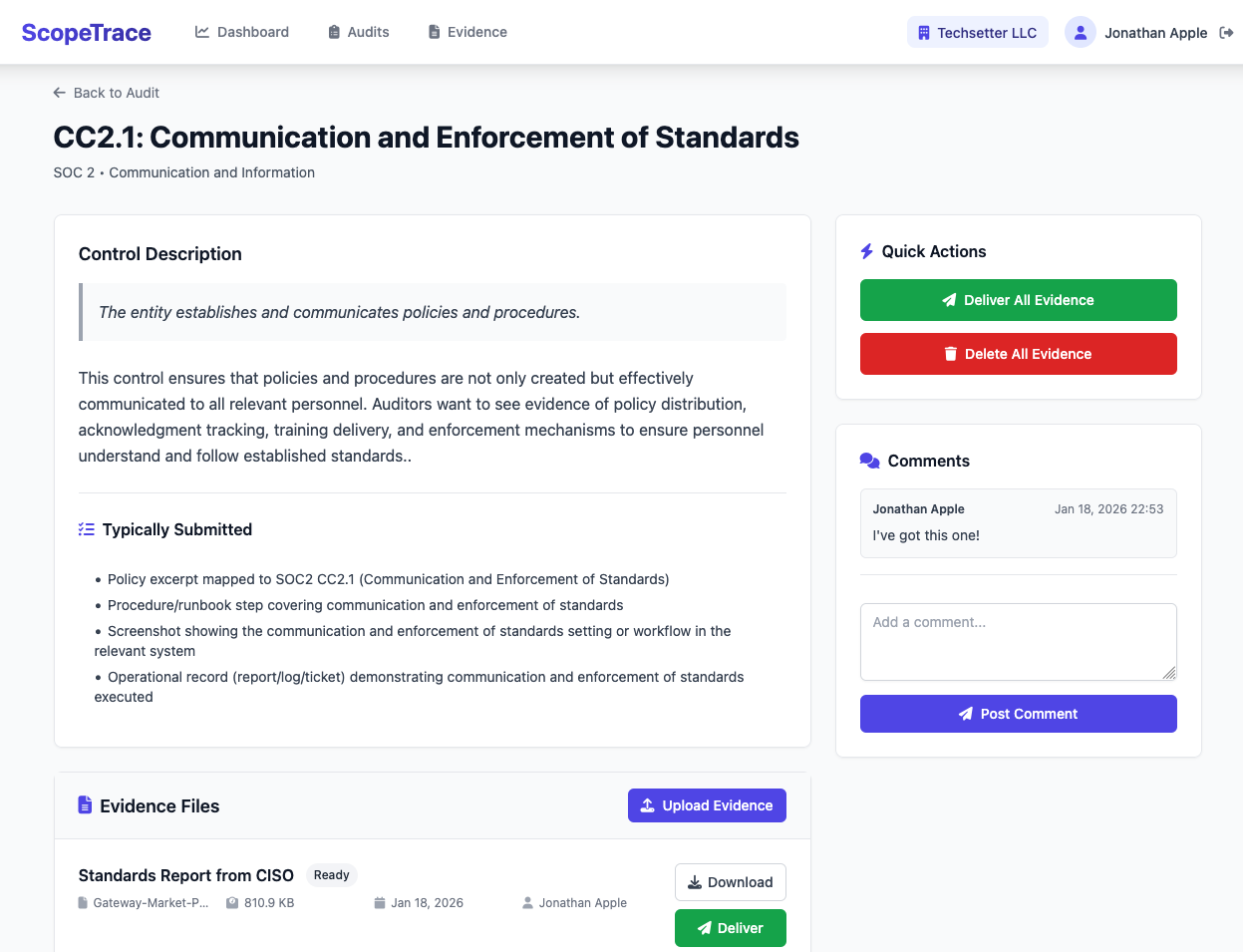 ScopeTrace evidence view showing uploads, control mapping, and delivery status